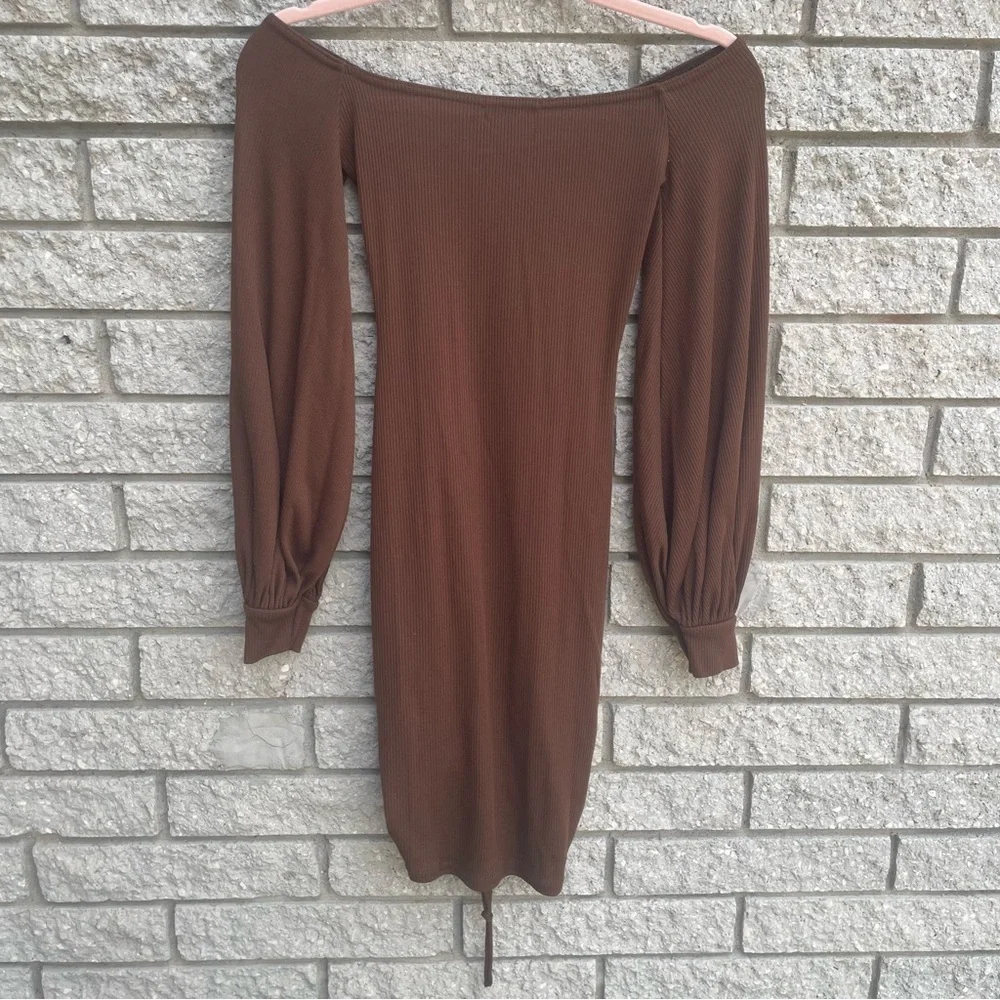 Pretty Little Thing Brown Ribbed Balloon Sleeve Ruched Bodycon Dress XS - Picture 6 of 8